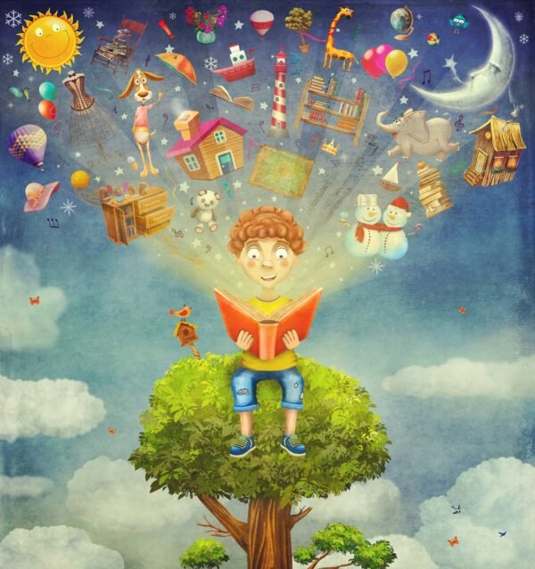 Little boy sitting on the tree and reading a book ,objects flying out